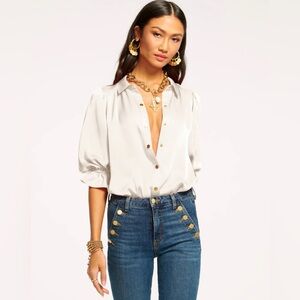 Ramy Brook Ivory Satin Button-Front Puff Sleeve Bodysuit